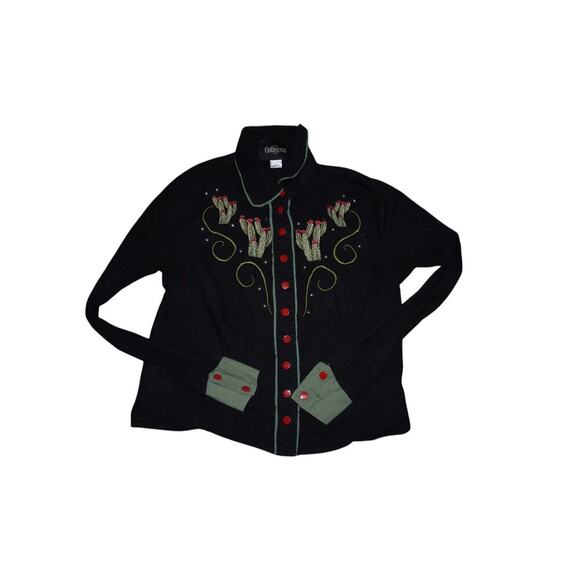 Collectif London Western Cactus Embroidered Shirt Black Red Buttons Size S UK 10 - Picture 9 of 12